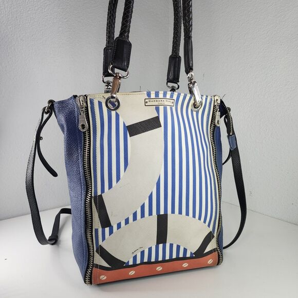 Barbara Rihl Tote Bag Blue Striped Print Leather Handles Shoulder Crossbody - Picture 1 of 13